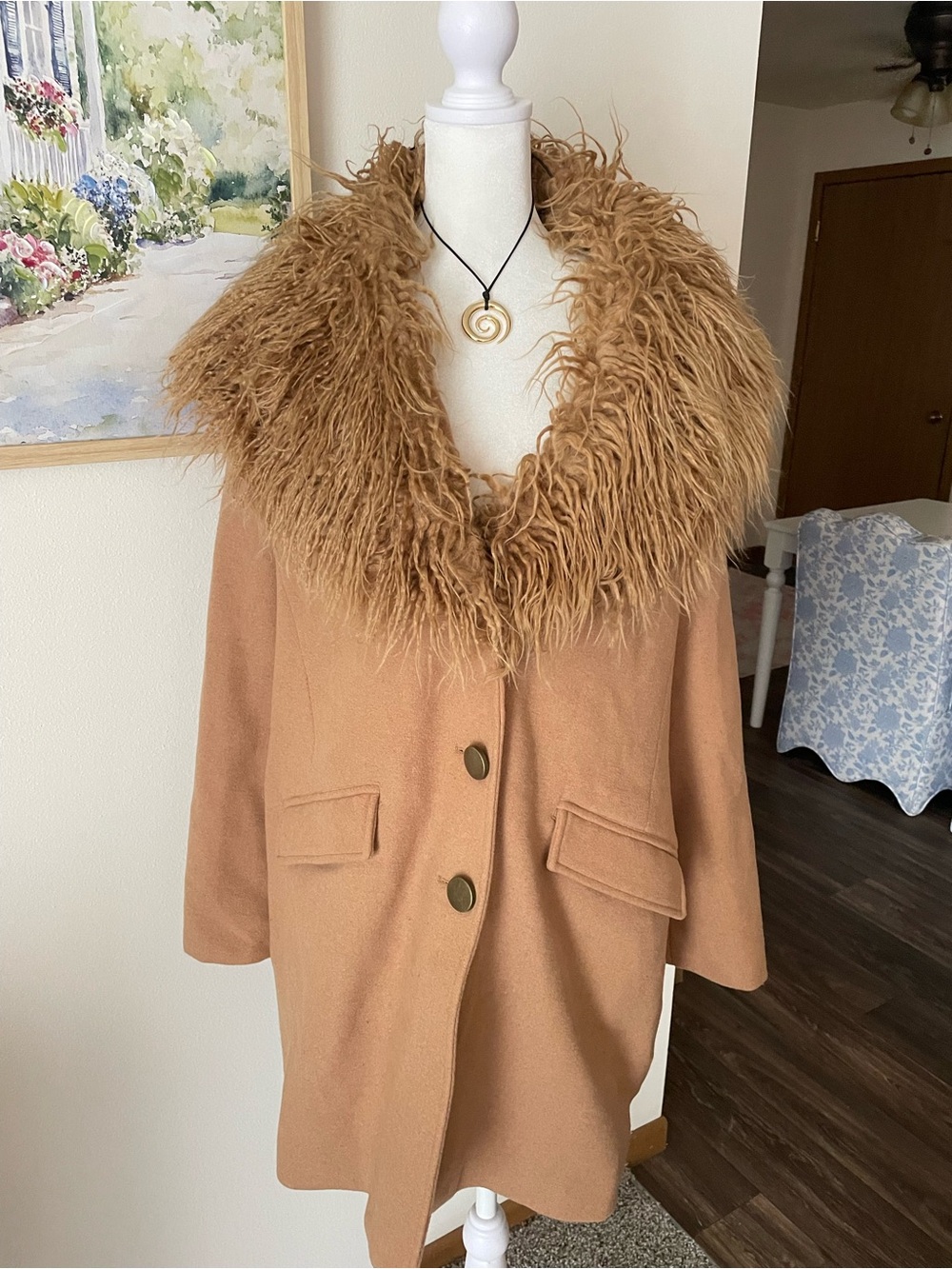 Roaman's Penny Lane Y2K Shaggy Faux Fur Collar Wool Blend Coat Camel Brown 20W